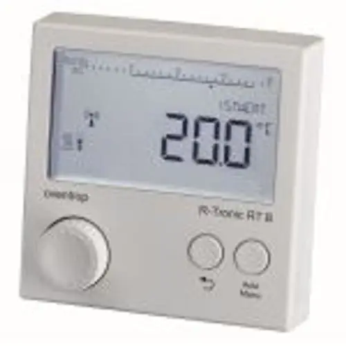 Digitalthermostat mit beleuchtetem Display, zeigt eine Temperatur von 20,0 °C an. Bedienknopf und zusätzlich zwei Tasten für Funktionen.